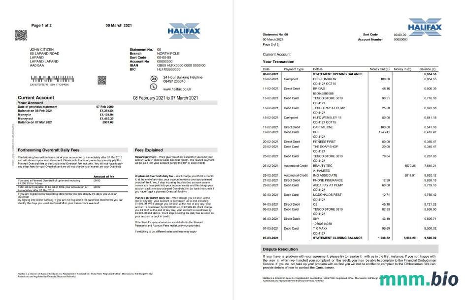 Wielka Brytania Halifax bank dowód adresu szablon oświadczenia w formacie Excel i PDF (2 strony)